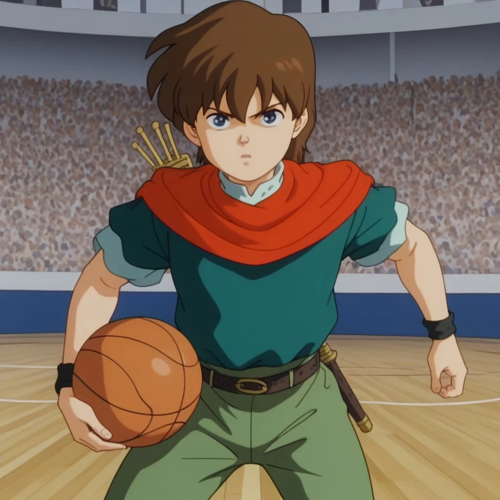 weapon, 1boy, solo, Robin Hood, blue eyes, white collar, red scarf, dark green shirt, light green pants, brown hair, playing basketball