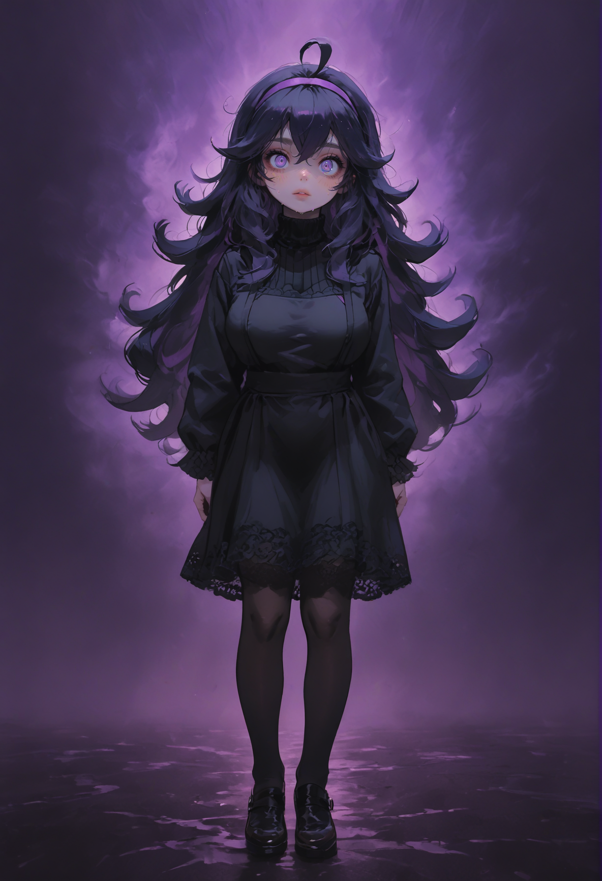 1girl, hex maniac (pokemon),purple hairband, black thighhighs, long hair,purple eyes, messy hair, @ @,  looking at viewer,
black dress,large breasts, lace, gothic style,cowboy shot,leather shoes, black suspenders,
<lora:sdxl_lightning_8step_lora:1>
score_9, score_8_up, score_7_up,score_6_up,
masterpiece, best Quality,source_anime,
dispersion effect,steam, sweat skin, vivid colours,
<lora:P0p4rtXLP:1> p0p4rt ,colorful,