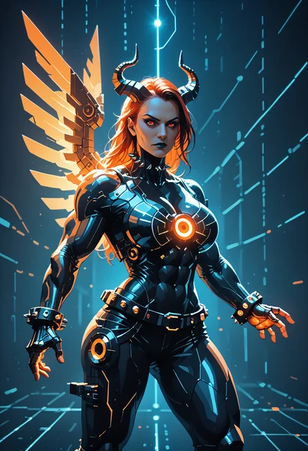 score_9, score_8_up, score_7_up, 
codeandigital, matrix, matrix codes, ai, ai consciousness, digital world, digital, science fiction, Long hair, Streaked Hair, red and orange hair, Multicolored Hair, red eyes, horns, blush, serious face, (muscular female:1.6), biceps, glowing chains, mechanical armor, glowing circuit lines, digital lines, code lines, mechanical gauntlets, cleavage cutout, bare shoulders, mechanical head wings, mechanical wings, mechanical belt, cyberpunk, (goth:1.5), cyber goth, glowing spiked choker, red glowing spiked wristbands, action pose,