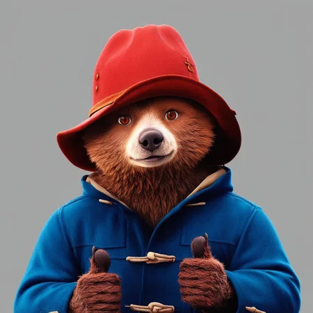 Score_7_up, score_8_up, 2d, source_cartoon, upper body,
BREAK,
Paddington, anthro bear, red hat, blue coat, looking at viewer, (thumbs up), simple background,