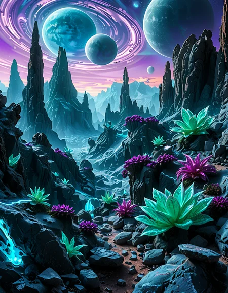 A breathtaking, high-resolution photograph of an alien planet with a surreal and otherworldly landscape. The sky is filled with two massive moons, casting an eerie glow over the terrain. Jagged rock formations, covered in bioluminescent moss, stretch across the horizon, glowing in shades of blue and purple. Strange, twisted plants with translucent leaves and pulsating veins grow from the cracked, iridescent soil. In the distance, towering crystalline mountains shimmer under the light of a distant red sun, their peaks enveloped in a misty, ethereal haze. The air is thick with floating luminescent spores, drifting like tiny fireflies. Rivers of liquid metal carve through the landscape, reflecting the vibrant alien sky. The atmosphere is a mix of neon blues, purples, and greens, creating a mesmerizing and futuristic scene, as if taken from the surface of a newly discovered exoplanet.
<lora:SDXLFaeTastic2400:0.4> <lora:extremely_detailed:0.4> extremely detailed,<lora:alien_pl4n3t:1>,alien pl4n3t