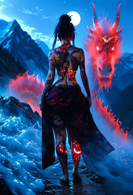 score_9, score_8_up, score_7_up. BREAK. Translucent, 8k, (ultra detailed:1.4), back view, irezumi, looking away, standing, on top of mountains, 1female, (full-body tattoo:1.9), black hair updo, hair ornaments, <lora:tatoo:1>, translucent black/red tatoo, kimono, black yukata, red sash, obi, pulled yukata, round ass, night, (red lunar eclipse moon), gigantic dragon spirit roaring in front of the female, cinematic light, very aesthetic, absurdres, incredibly absurdres, subsurface scattering