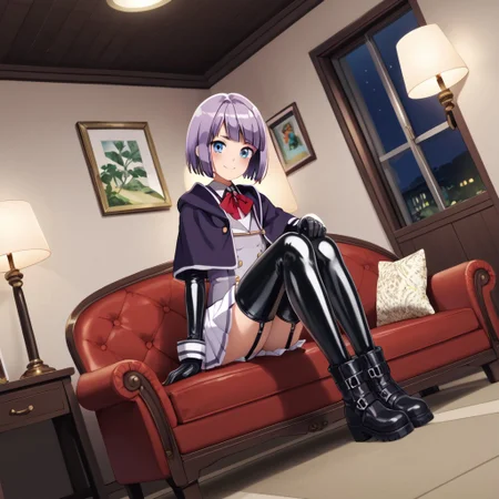 masterpiece, best quality, score_9, score_8_up, score_7_up, full body, 1 girl, looking at viewer, cowboy shot, dutch angle, indoors, sitting on couch, living room, night, blush, smile, mabelcrane, blue eyes, purple hair, short hair, latex school uniform, latex capelet, latex thighhighs, white latex thighhighs, pleated latex skirt, long latex sleeves, latex miniskirt, bangs, buttons, black latex gloves, black latex ankle boots, flat boots