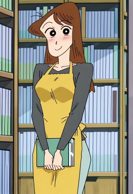 best quality, masterpiece, anime screencap, anime coloring, ultra detailed, source_anime, intricate details, perfect anatomy, looking at viewer,
nakamura, long hair, brown hair, black eyes, breasts,
apron, solo, yellow apron, book, 1girl, shirt, black shirt, bookshelf, long sleeves, motion blur, pants,
smile, blush,