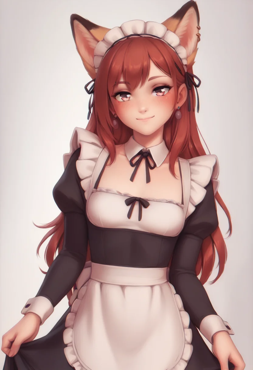 score_9, score_8_up, score_7_up, score_6_up, score_5_up, score_4_up, BREAK breasts, solo, blush, fox maid headdress, maid, looking at viewer, smile, grey background, simple background, apron, red hair, long hair, small breasts, closed mouth, pink eyes, long sleeves, earrings, jewelry, maid apron, spot color, dress<lora:PersonalAmi_PonyXL:1>