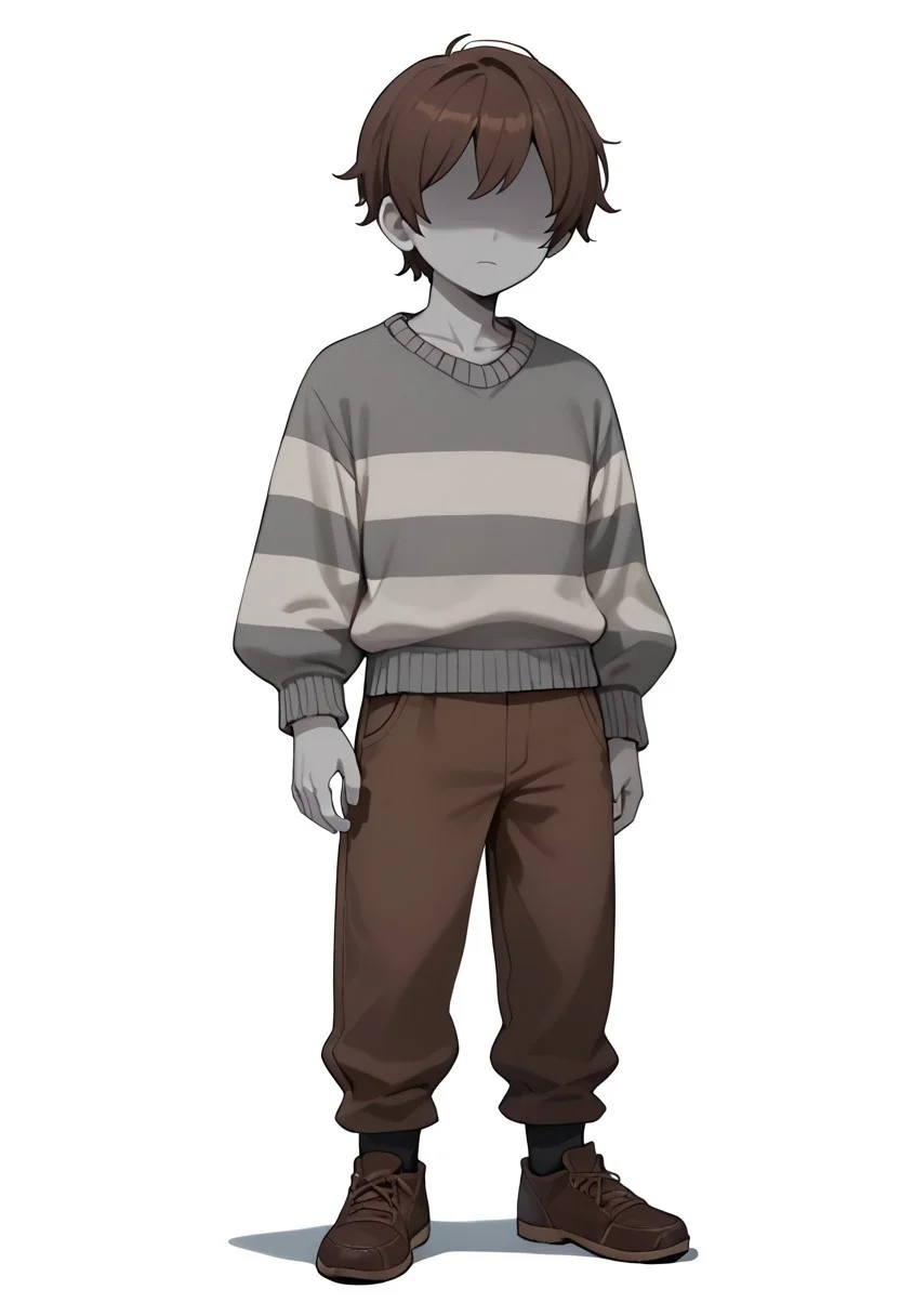 score_9, score_8_up, score_7_up, masterpiece, hd, source_anime, vesseldn, 1boy, solo, teenager, grey skin, slim, faceless, lack of facial features, no facial features, faceless, no_face, blank_face, brown hair, grey sweater, sweater, two horizontal white stripes, two stripes, white stripes, brown shoes, brown pants, standing, full body, facing viewer, white background