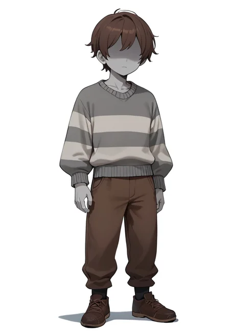 score_9, score_8_up, score_7_up, masterpiece, hd, source_anime, vesseldn, 1boy, solo, teenager, grey skin, slim, faceless, lack of facial features, no facial features, faceless, no_face, blank_face, brown hair, grey sweater, sweater, two horizontal white stripes, two stripes, white stripes, brown shoes, brown pants, standing, full body, facing viewer, white background