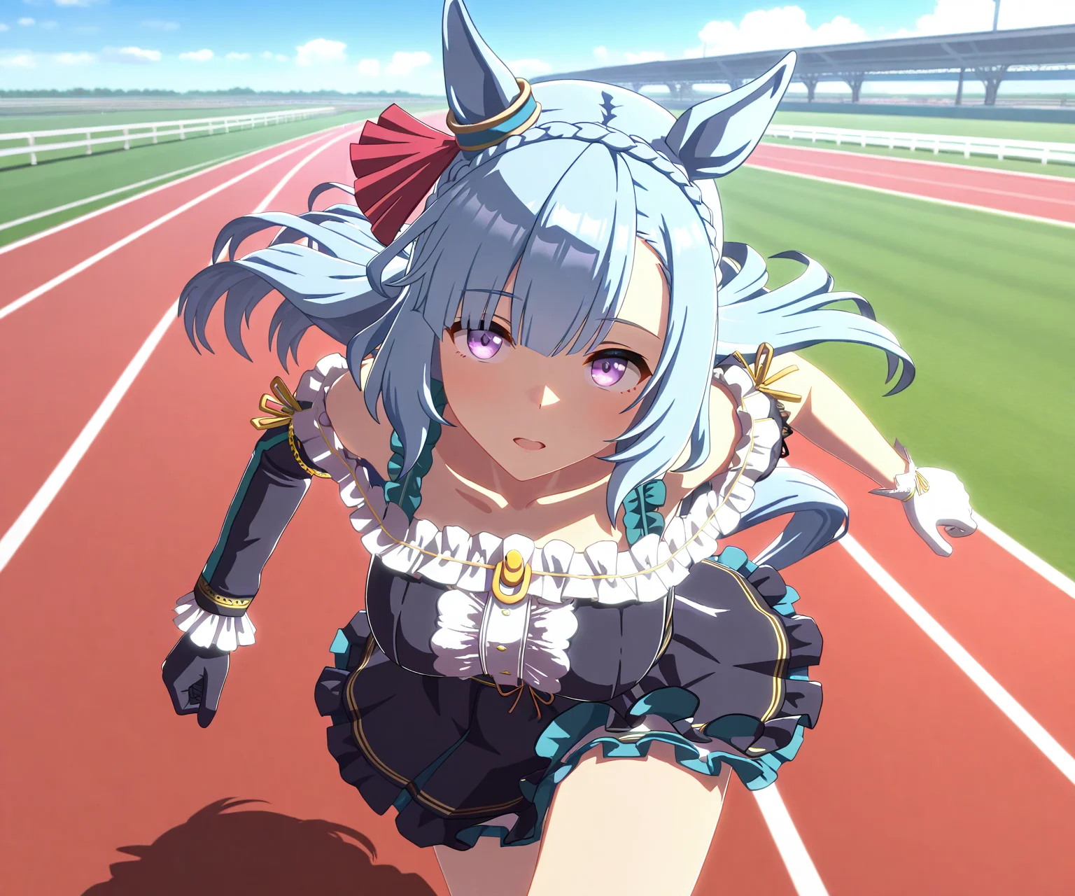 masterpiece, best quality, amazing quality, , 1girl, solo,umamusume, racetrack, running, <lora:Mejiro Ardan in game style 3D ILL-v2.1:1> ummsmingame, 3d, mejiro ardan \(umamusume\), asymmetrical gloves, single sleeve