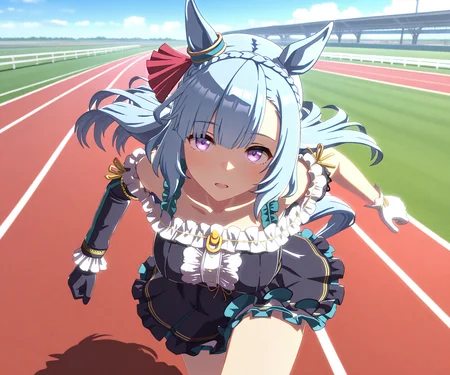masterpiece, best quality, amazing quality, , 1girl, solo,umamusume, racetrack, running,  <lora:Mejiro Ardan in game style 3D ILL-v2.1:1> ummsmingame, 3d, mejiro ardan \(umamusume\), asymmetrical gloves, single sleeve