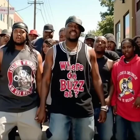 Angry mob of Gangster rappers are wearing tank tops and hip hop attire in the street. The main character is shouting "Where da BUZZ at?!" to the camera. It's sunny in an urban poor neighborhood setting and a couple of menacing back ground figures compliment the image.