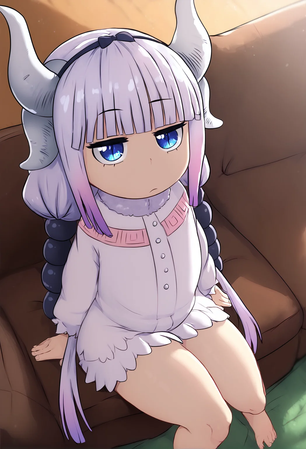 (score_9, score_8_up), score_7_up, zPDXL, <lyco:kanna:1> kanna kamui, low twintails, horns dragon girl, tail, blue eyes, white dress, half-closed eyes, bored, sitting on sofa, indoors, living room, barefoot, <lora:GreatM8_Style_XL_Pony_Revision:1>, greatm8 style