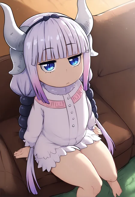 (score_9, score_8_up), score_7_up, zPDXL, <lyco:kanna:1> kanna kamui, low twintails, horns dragon girl, tail, blue eyes, white dress, half-closed eyes, bored, sitting on sofa, indoors, living room, barefoot, <lora:GreatM8_Style_XL_Pony_Revision:1>, greatm8 style