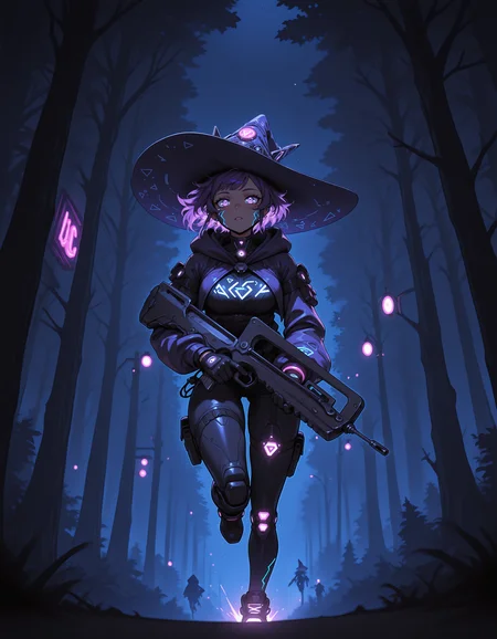 1girl, purple hair, running, angled view, <lora:famas_ill_v1.0:1> famas, assault rifle, bullpup, holding rifle <lora:cyberwitches:0.7> cyberwitches, witch hat, black gloves, hood, night, neon lights, forest, cyber punk girl, dark background, glowing, mist, city
