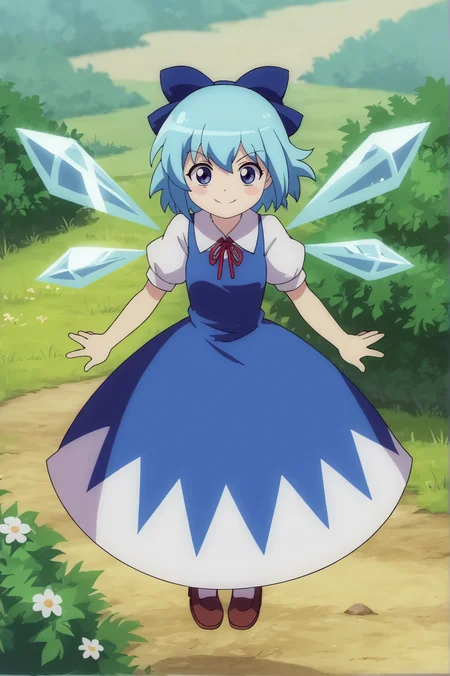 score_9, score_8_up, score_7_up,anime_source, source_anime, best background, detailed background, anime screencap, Cirno, blue bow, blue dress, dress, ice, ice wings, looking at viewer, smile, solo, v-shaped eyebrows, wings, flying, outdoors, <lora:JN_Cirno:0.8>