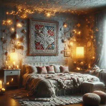 hyper detailed, cozy room, walls ChristmasSweater, midjourneyv6.1