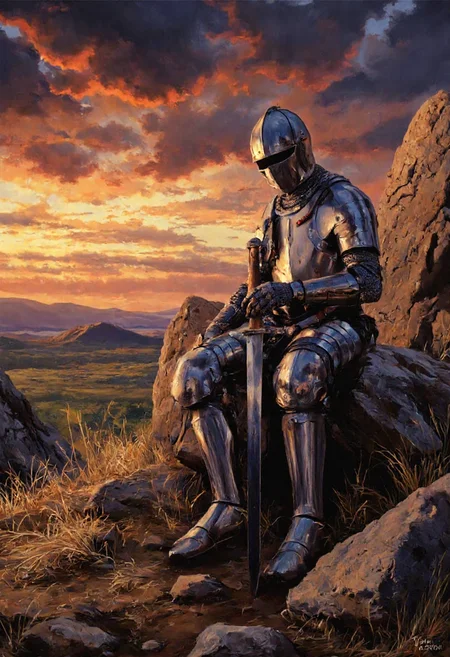 artwork depicting a medieval knight in full armor, sitting on a rocky hillside at sunset. The knight is positioned centrally, with his back resting against a large, flat rock. His helmet, made of polished steel, covers his head, and his visor is down, obscuring his face. He wears a breastplate, pauldrons, vambraces, and greaves, all made of metallic armor, which reflect the warm hues of the setting sun. The knight's right hand rests on his knee, while his left hand holds the hilt of a long, broadsword that lies across his lap. The sword's blade is dark and sharp, with a crossguard and pommel at the hilt.The background features a dramatic, partly cloudy sky with shades of orange, red, and gold, casting a warm glow over the scene. The horizon is lined with distant mountains, their silhouettes outlined against the sky. The ground is rough and covered with dry grass and scattered rocks, adding to the rugged, medieval atmosphere. The overall color palette is rich and moody, with metallic reflections contrasting against the earthy tones of the landscape. The image conveys a sense of solitude, reflection, and the weight of history.,aidmaimageupgrader, aidmaMJ6.1 <lora:aidmaMJ6.1-FLUX-v0.5:0.7> <lora:aidmaImageUprader-FLUX-v0.3:0.4>