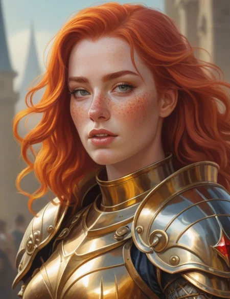 digital painting of a (fantasy art:1.2) of a regal female knight with red hair freckles and (large breasts:1.2) wearing legendary golden crystal armor, tongue out, amused, looking at viewer, BREAK, arena in the background, vibrant picture, vivid colors,