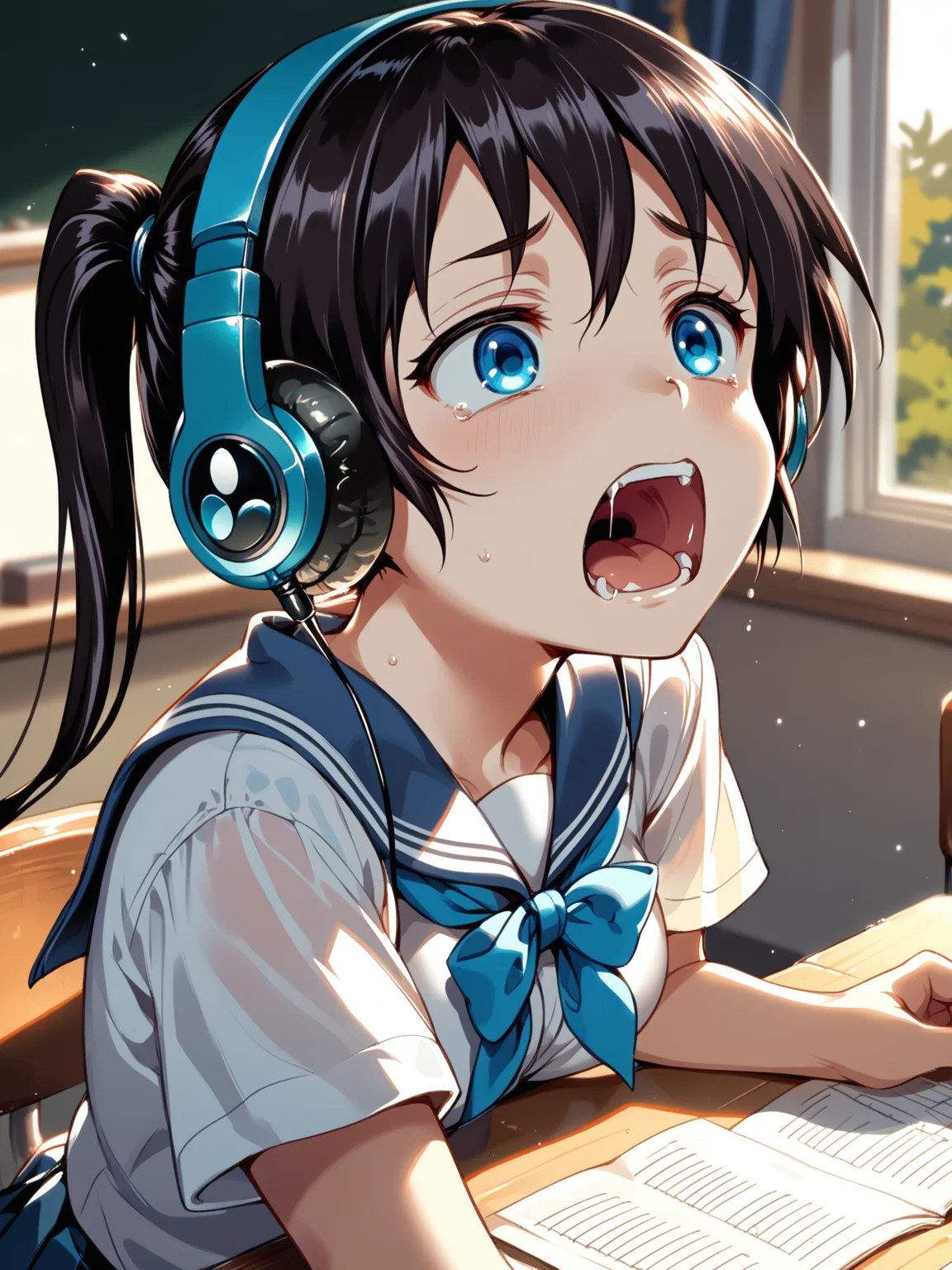 (solo focus, :1.2) <lora:happy_tentacle-mayu-v0.1-000033:1>, ht_mayu, headphones, audio cable, blue eyes, medium breasts (petite:1.2), <lora:Shed_The_Skin's StS_age_slider_v1_initial_release:-1.15> ( :1.1) ( , , ( :1.2) , screaming , (looking at another:1.2) :1.2) , indoors, ((night, night sky :0.6), :0.8), ( window :0.9), (furniture:0.9), abandoned , , , , ( :0.8), classroom , (school uniform:1.2) (( from above :1.2) :0.8) score_9, score_8_up, score_7_up, score_6_up, score_5_up, score_4_up, ( [(realistic, photorealistic:1.3):(realistic:1.3):20] [(3d:1.2)::14] :1) <lora:LUUNA's Lunas-NijiJourney-SDXL-B2:0.35>, nijijourney <lora:prgfrg23's Counterfeit-V3.0 Style SDXL_LoRA_Pony Diffusion V6 XL:0.5> <lora:mfcg's mfcgXL:0.12> <lora:reweik's gyokai(himehajime)_PonyXL_style_v01:0.14>