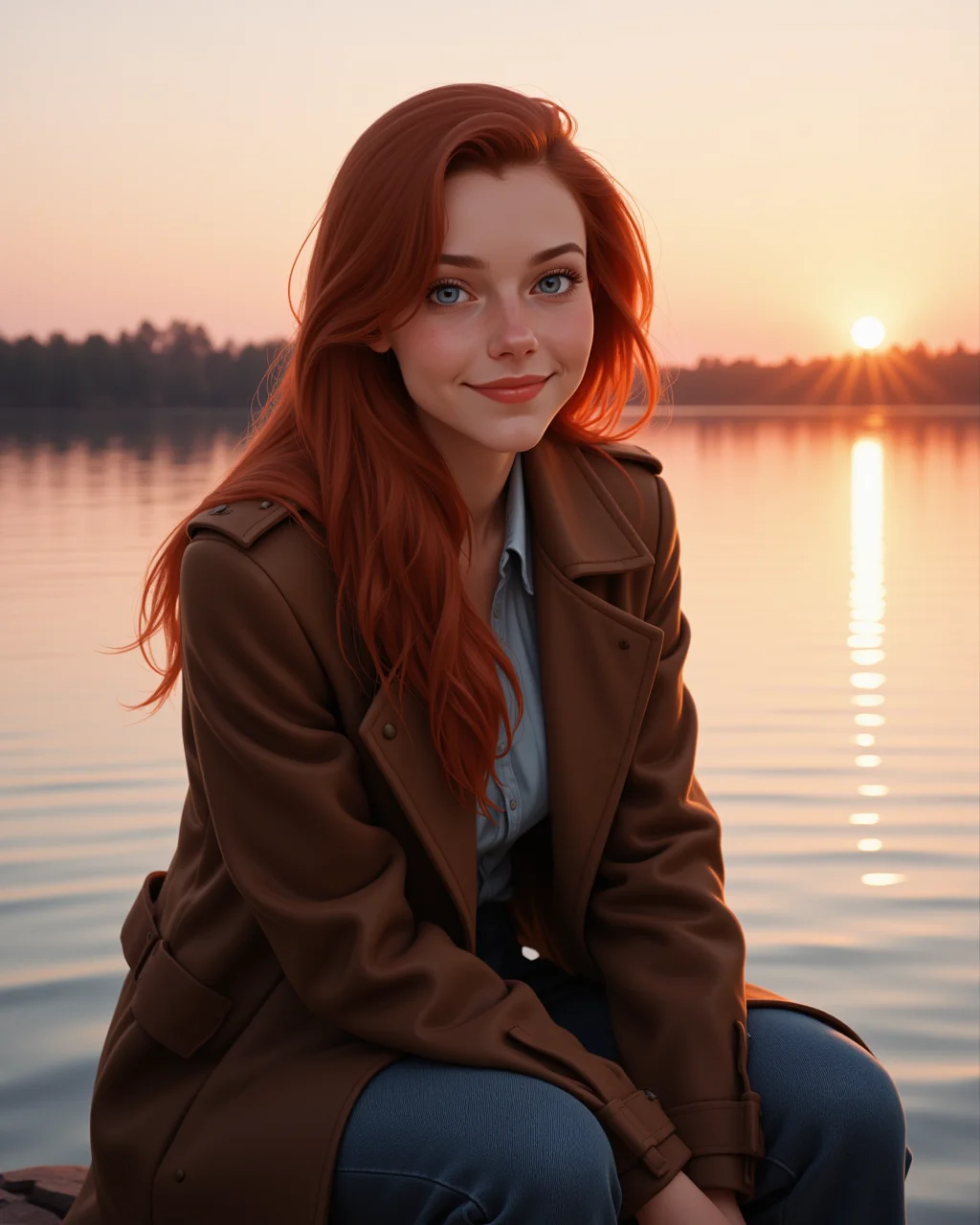 cowboy shot, looking at viewer, outdoors daylight, Hopeful with eyes glimmering, a gentle smile, and a posture leaning forward in anticipation.
A woman sits on the edge of a lake at sunset, her feet submerged in the cool water as the sky turns a soft pink, reflecting in the stillness of the lake. in a dynamic pose
<lora:Disney_-_Ariel_v2-000030:1> d-ariel a 20 year old adult woman with blue eyes and red hair. Peacoat with a structured fit, double-breasted front, and wide collar