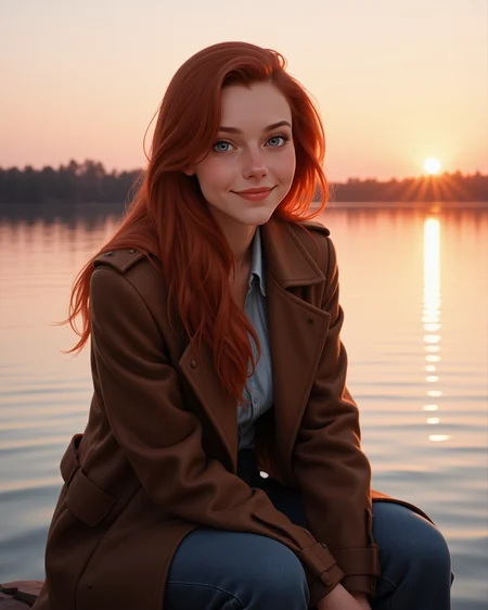 cowboy shot, looking at viewer, outdoors daylight, Hopeful with eyes glimmering, a gentle smile, and a posture leaning forward in anticipation.
A woman sits on the edge of a lake at sunset, her feet submerged in the cool water as the sky turns a soft pink, reflecting in the stillness of the lake. in a dynamic pose
<lora:Disney_-_Ariel_v2-000030:1> d-ariel a 20 year old adult woman with blue eyes and red hair. Peacoat with a structured fit, double-breasted front, and wide collar
