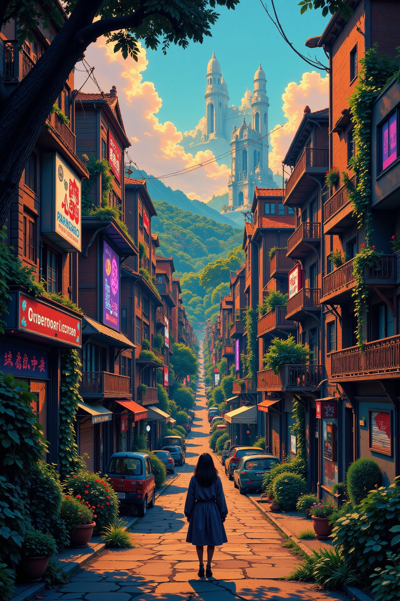 a cyberpunk neighborhood beautiful  landscape, early morning, woman, very intricate, very detailed, sharp, bright, colorful, <lora:Hand v2:0.5> <lora:Anti-Blur:1><lora:Insane Detail Slider:0.25>  <lora:flux.1_lora_flyway_Epic-detail_v2:0.3> <lora:fluxenhancer:0.25> <lora:Anime_style:0.6> anime style