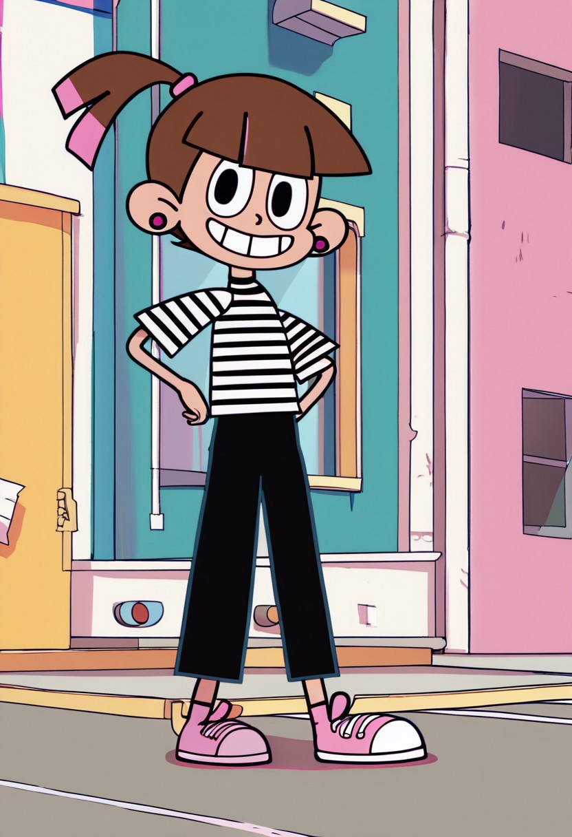 score_9, score_8_up, score_7_up BREAK SonyaToast, 1girl, brown hair, blunt bangs, black eyes, ponytail with pink accents, pink scrunchie, fuchsia pearl earrings, short-sleeved black white striped shirt, black pants, pink white high-top sneakers, smiling at viewer, full body, cartoon, source_cartoon,