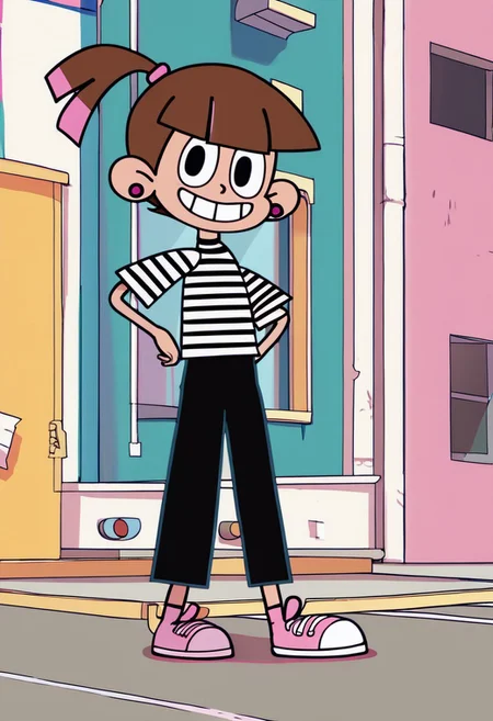 score_9, score_8_up, score_7_up BREAK SonyaToast, 1girl, brown hair, blunt bangs, black eyes, ponytail with pink accents, pink scrunchie, fuchsia pearl earrings, short-sleeved black white striped shirt, black pants, pink white high-top sneakers, smiling at viewer, full body, cartoon, source_cartoon,