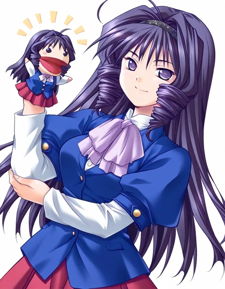 masterpiece, best quality, amazing quality, very aesthetic, absurdres, official art, ultra detailed, game cg,
1girl, solo, kazamatsuri_ayane, ahoge, drill hair, long hair, drill sidelocks, purple hair, hairband, purple eyes BREAK
blue school uniform, red skirt, pantyhose,
smile, looking at viewer, standing, hppt,hand puppet, happy aura simple background, white background, upper body, highly detailed <lora:hand_puppet_IL_v1:1><lora:Kazamatsuri Ayane v1.0-000018:1>