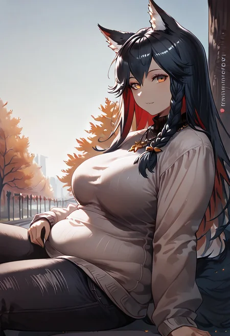 1girl, texas (arknights), female, young, wolf girl, wolf tail, wolf ears, animal ear fluff, amber eyes, multicolored hair, black hair, red inner hair, slender body, (medium breasts:1.2, round breasts, perfectly shaped breasts), sweater, denim pants, (petite body:1.4), (obese:1.2), happy, looking at viewer, park, laying against a tree, taut clothing, headshot, extremely tight shirt, inviting expression, side view, jeweled necklace, dutch angle, dark eyeliner, autumn colors, cornrow braids, head turned, score_9, score_8_up, score_7_up, (masterpiece, best quality, very aesthetic, ultra detailed), intricate details, beautiful face, detailed eyes, detailed background, granblue_fantasy_style_xl, expressiveh, light from above