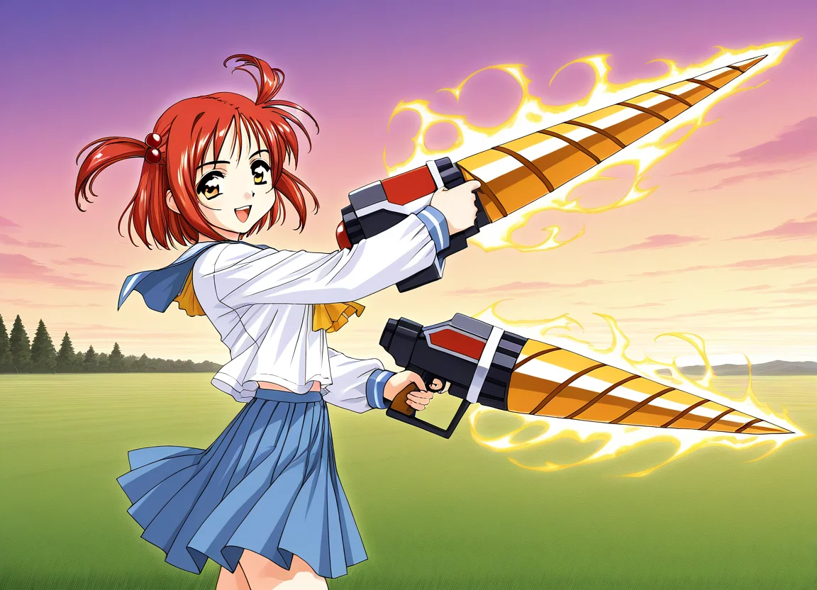 general,highres, ultra-detailed,very aesthetic,best quality ,best hands, BREAK <lora:Megumi_Spiral_NAMI_IS:1>
Drill_Megumi, 1girl, drill, weapon,double drill , red hair, short hair, brown eyes, hair bobbles, hair ornament, two side up,
BREAK, spark, aura,
solo, school uniform, serafuku, blue skirt, long sleeves,
open mouth, smile, pleated skirt, looking at viewer, ã2000s \(style\),
smile,looking at viewer, cowboy_Shot,
grass, sky,
