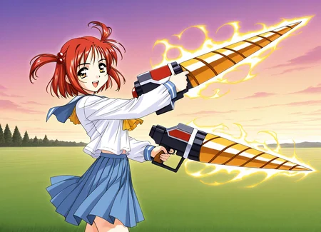general,highres, ultra-detailed,very aesthetic,best quality ,best hands, BREAK <lora:Megumi_Spiral_NAMI_IS:1>
Drill_Megumi, 1girl, drill, weapon,double drill , red hair, short hair, brown eyes, hair bobbles, hair ornament, two side up,
BREAK, spark, aura,
solo, school uniform, serafuku, blue skirt, long sleeves,
open mouth, smile, pleated skirt, looking at viewer, ã2000s \(style\),
smile,looking at viewer, cowboy_Shot,
grass, sky,
