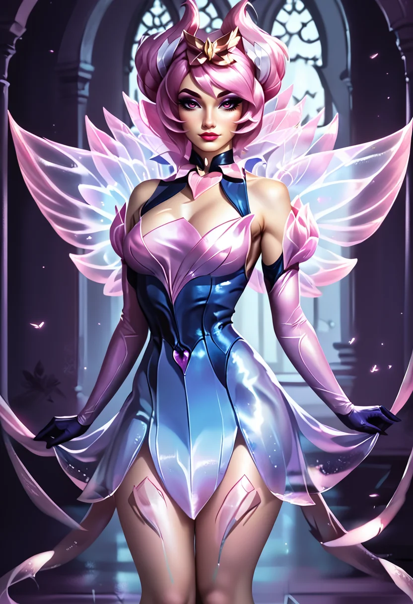 score_9,score_8_up,score_7_up,score_6_up,score_5_up,score_4_up , solo, mysticlux, seductive smile, dress, full body, from behind, translucent pink wings, looking over shoulder, looking at viewer, dark shadows, realistic, long eyelashes <lora:Mystic_Lux_Pony:1>