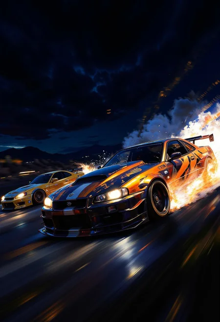 DB4RZ style painting,((nissan skyline T23 :1.3), (with glowing tires), ), , racing, multiple cars, beautiful scenery flowing at high speeds, cars with sweaty hands and feeling of speed (with glowing tires), midnight, dynamic angle, racing, motion, multiple cars (beautiful scenery flowing at high speeds, cars with sweaty hands and feeling of speed:1.4), detailed textures, high quality, high resolution, high precision, illustration, color correction, proper lighting setup, harmonious composition, work from Behance, <lora:Dieselcore:0.7> d1eselc0re <lora:Glitchcore_Flux:0.4> gl1tchc0re