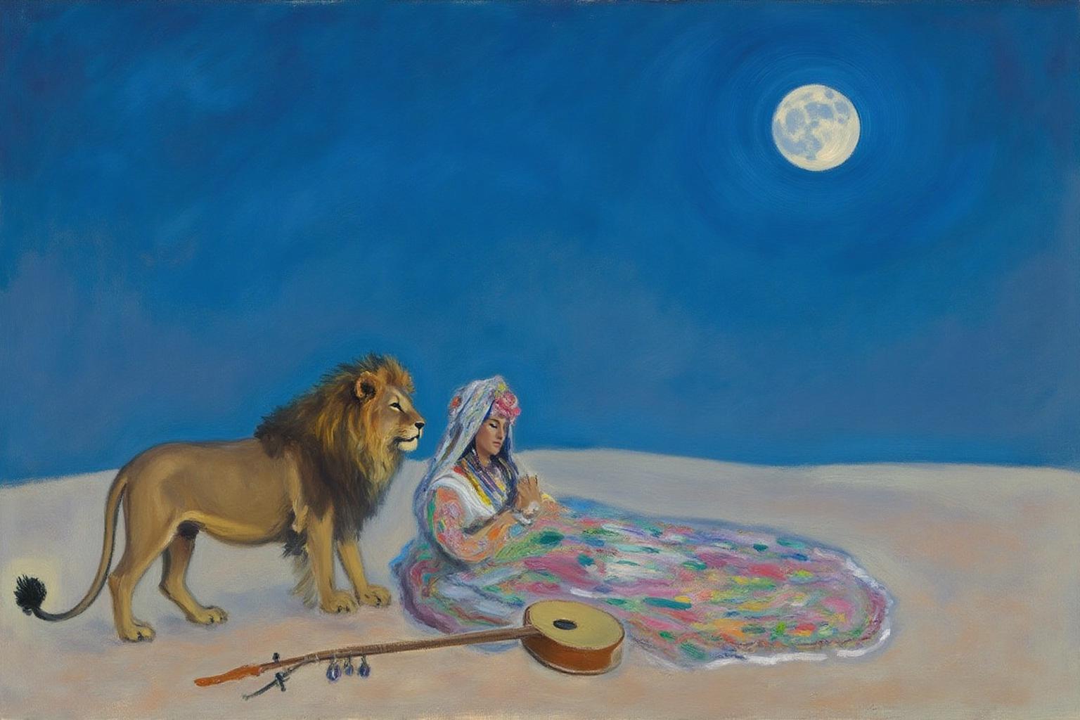 claudemonet1 painting. 
A serene, dreamlike desert landscape under a vast blue night sky. A lion, show in side profile view, is gently observes a sleeping Gypsy woman, who is dressed in vibrant, flowing garments with intricate patterns. She rests peacefully on the sand, beside a simple stringed instrument. The scene is set against a gradient blue sky transitioning from deep blue at the top to a lighter shade at the bottom, with a full moon in the upper right casting a soft, diffused light. 
 <lora:claudemonet1_cap_d8a4e12:1.0><lora:843601044018804575:0>