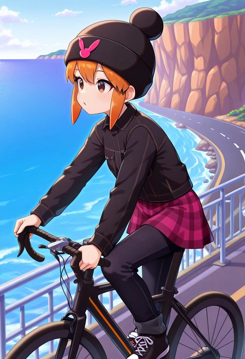 masterpiece, best quality, absurdres, 1girl, female focus, solo, usagi_kurokawa, brown eyes, beanie, black headwear, hat ornament, orange hair, bangs, short hair, sidelocks, short hair with long locks, denim jacket, black jacket, collared jacket, breast pocket, long sleeves, skirt, plaid skirt, pants under skirt, black jeans, jeans, sneakers, black footwear, road bicycle, riding bicycle, street, cliff, railing, coast, downhill, ocean, outdoors, from side