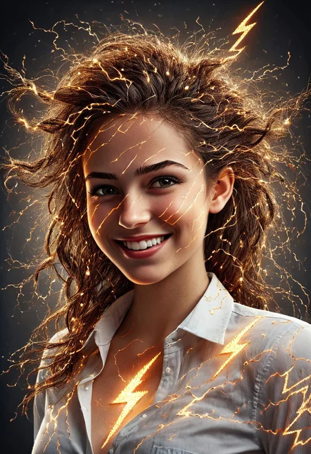 Buzz211, 1girl, beautiful, smiling, white shirt with a lightning bolt symbol, hair made of electricity, best quality, extremely high detailed, masterpiece