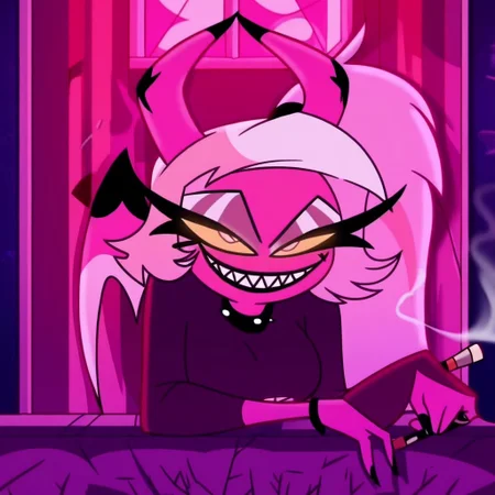 VerosikaMayday. VerosikaApologytour. demon girl. pink skin. horns. female focus. tail. wings. succubus, smile, teeth, nail polish, grin, evil smile, evil eyes, goth make up, sitting on grave, Oudoors, graveyard, looking at you, smoking