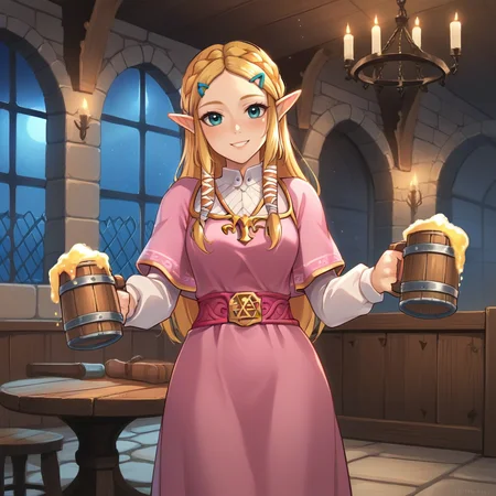 score_9, score_8_up, score_7_up, score_6_up, score_5_up, score_4_up, zPDXL2,source_anime,rating_questionable, 1girl, solo, night, night time,standing, medieval dress, holding bottle, looking at viewer, princess zelda, medieval wench dress, smile, <lora:Tavern:0.7> t4v3rn, indoors, tables, beer mugs, window,