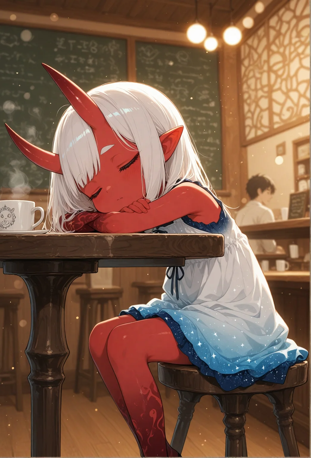 masterpiece, best quality, amazing quality, very aesthetic, perfect eyes, 2boys, boy in background,
,1girl, dress, closed_mouth, sitting, white_hair, horns, sleeveless, pointy_ears, solo_focus, indoors, white_dress, blurry, cup, sleeveless_dress, feet_out_of_frame, blurry_background, colored_skin, table, sleeping, light_particles, mug, oni, red_horns, red_skin, stool, starry_sky_print, cafe, gradient_dress,Anime-style digital drawing of a cute, red-skinned elf girl with long white hair and pointed ears, sitting at a table in a cozy, dimly lit café. She is wearing a white dress with a blue star pattern, and her eyes are closed, resting her head on her hands. The background features a chalkboard menu and warm, soft lighting. The girl has a small, pointed horn on her head. The image has a soft, dreamy quality with a warm color palette.