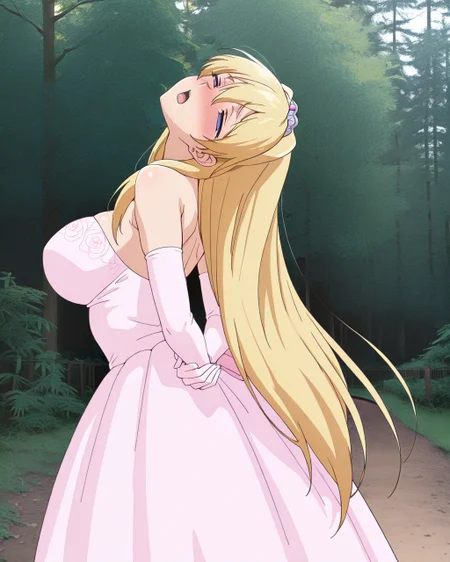 masterpiece, best quality, newest, absurdres, highres, 1girl, solo, <lora:IL\character\Eroge\Janne_Grenoble_Inda_no_Himekishi_Janne_v5.safetensors:1.0>, blonde hair, long hair, blue eyes, very long hair, mature female, pink wedding dress, wedding dress, pink wedding elbow gloves, wedding elbow gloves, standing, arched back, arms behind back, looking at viewer, form side, head tilt, mind control, empty eyes, half-closed eyes, torogao, nose blush, <lora:IL\background\99coins_japanese_central_forest_illu.safetensors:0.8>, forest, tree, outdoors, nature, plant, grass, path, fence, day, sunlight, sky,