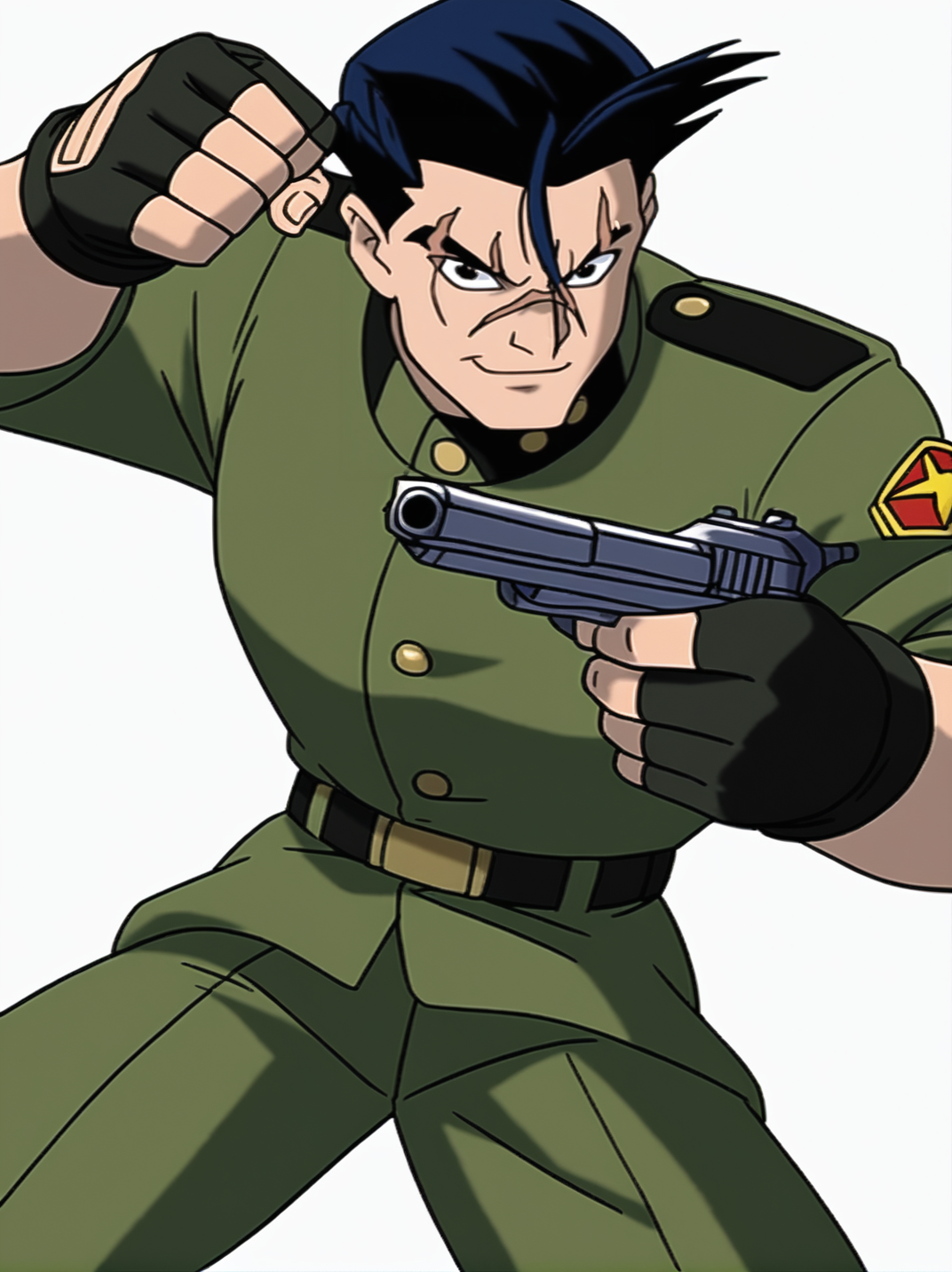 score_9,, 
1boy, balck hair, scar on face, military uniform, gloves, handgun, fighting stance, light smile,
white background, looking at viewer, dynamic pose, cowboy shot, 
XmenEvo, flat color, official style, cartoon style, <lora:AXmenEvolutionXL_Style:1>