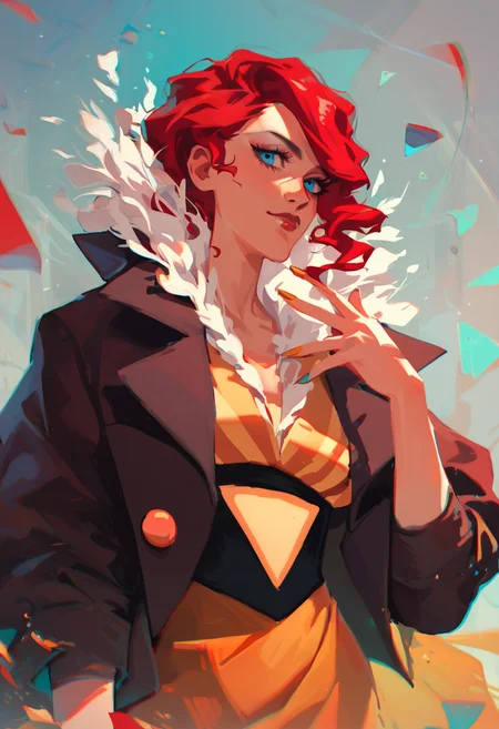 score_9, score_8_up, score_7_up, best quality, highres, 80s anime style, solo, 1girl, red hair, blue eye, Red, transistor, dress, jacket, stockings, upper body, looking at viewer, <lora:Red_Transistor:1>