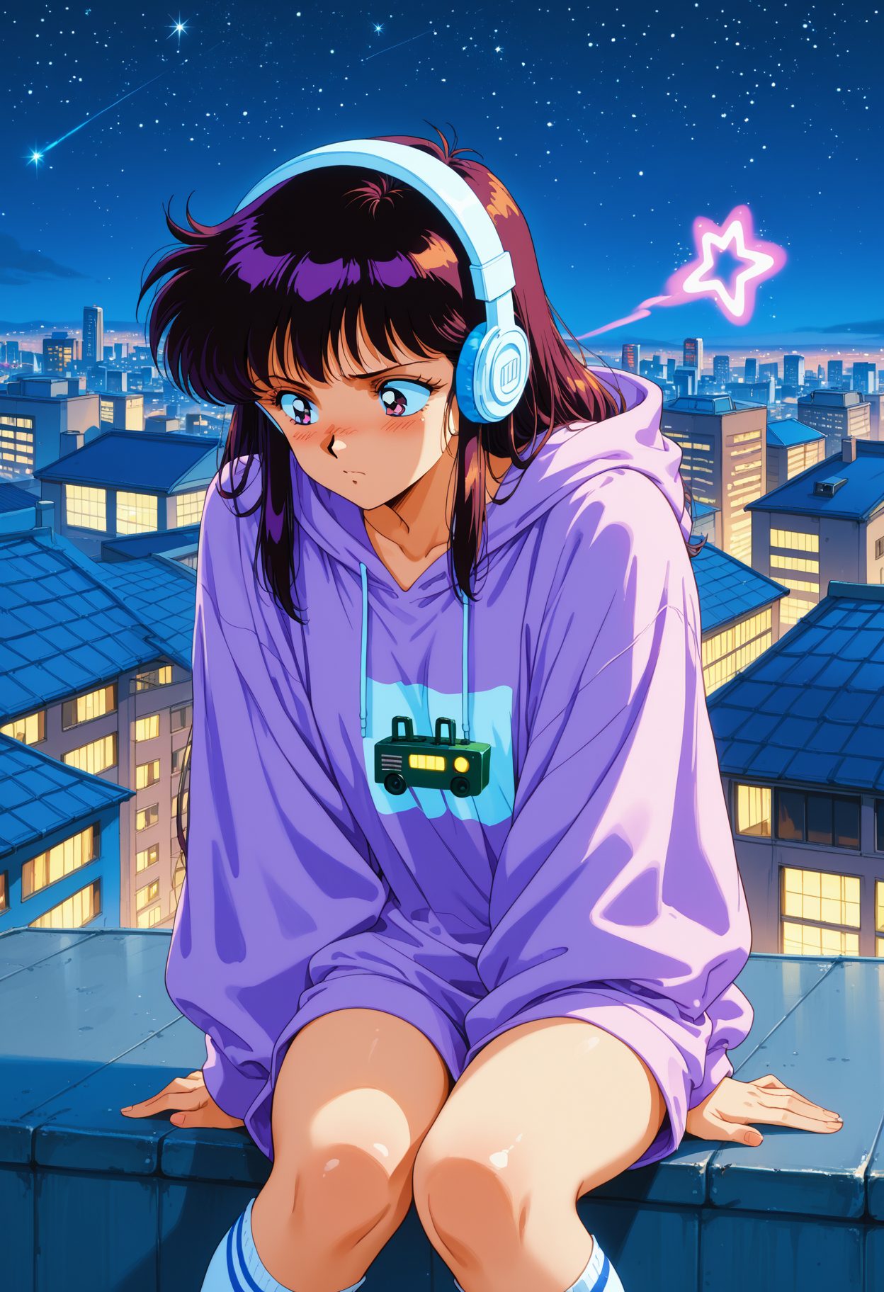 score_9,score_8_up,score_7_up, source_anime, modernretroanime, retro artstyle, 1girl, solo, rooftop, night sky, sitting on edge, Tokyo skyline, oversized hoodie, knee-high socks, headphones, Walkman, cassette tape, lost in thought, cool breeze, melancholic vibe, city glow, blue and purple tones, starry sky, nostalgic feeling, magic,