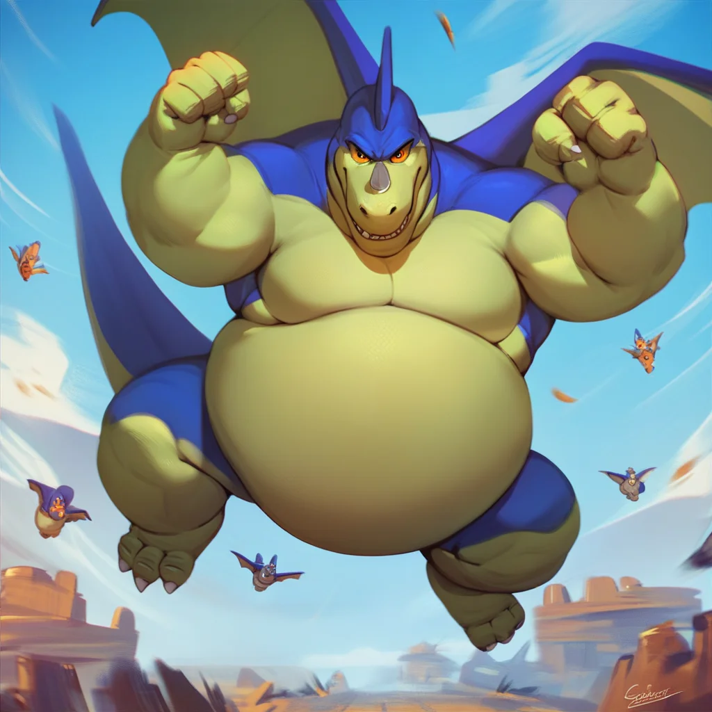 score_9, score_8_up, score_7_up, score_6_up, score_5_up, score_4_up, giran, dragon, fat, obese, horn, orange eyes, green and blue body, action pose, flying, sky background, looking at viewer
