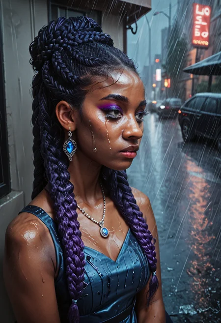 score_9, score_8_up, score_7_up, score_6_up, score_5_up, score_4_up, a highly detailed painting, 1 woman, black woman, dark skin, (multicolor box braids, purple2blue box braids, updo), makeup, fingernails, earrings, jewelry, high angle, side view, beautiful embroidered dress, rainy evening, city street, crying, portrait<lora:Pony_XL_Colorful_Box_Braids> <lora:Black_Woman_v3-000006> <lora:detailed_notrigger>