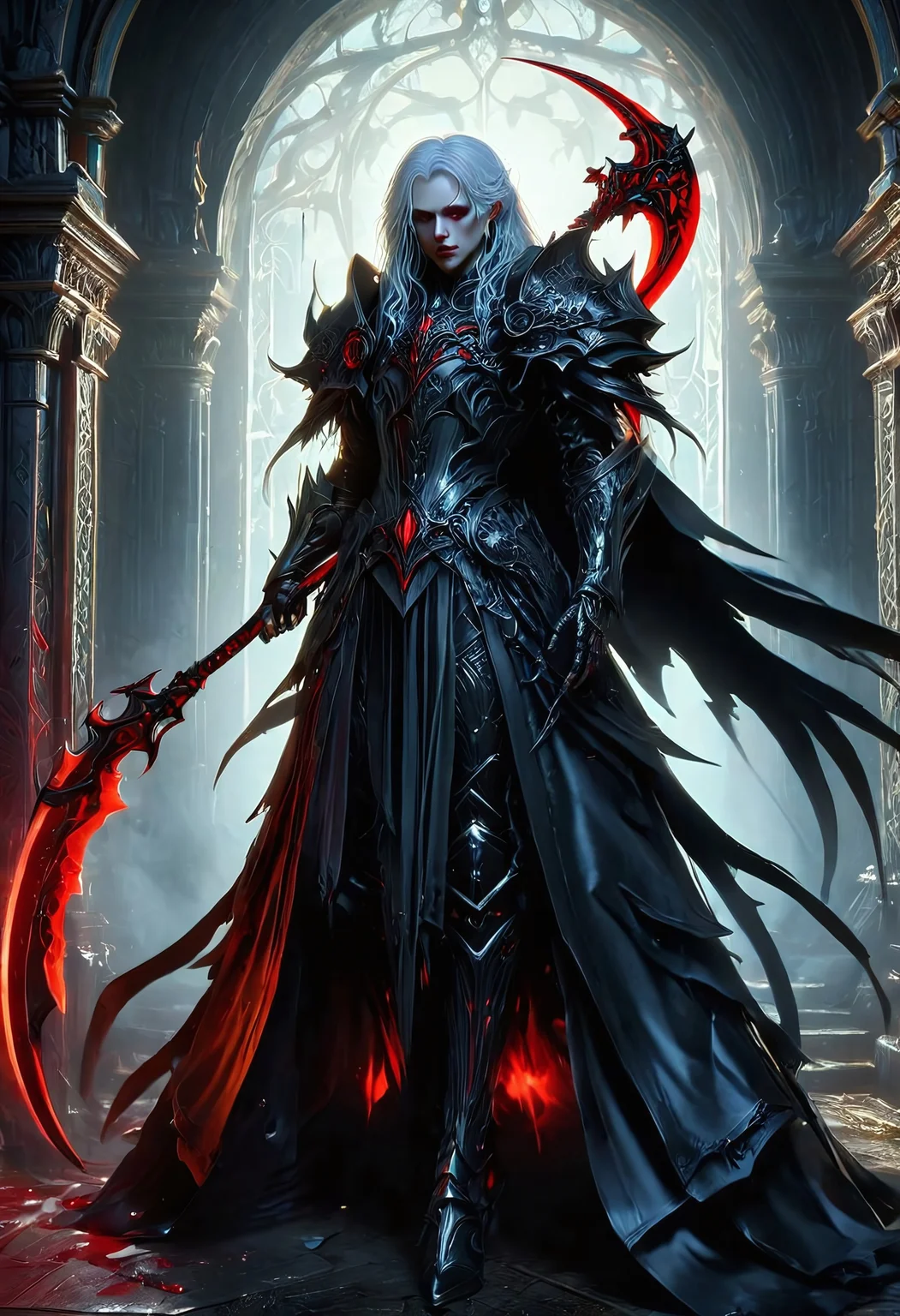 safe_pos, (intricate details:1.0), (intricate details, hyperdetailed:1.15),(oily wet skin:1.3),(dramatic light:1.4), cinematic,
extremely detailed,
(Vampire queen), (Long white hair), (Red glowing eyes), (pale skin), sexy attire, wearing tight blood-stained leather outfit, (victorian dress, goth),
(dark, low lighting, darkness, moody shot, eerie feeling, dawn),
, (full body in view, holding a red and black scythe:1.3), (inside a intricate ornate demonic castle, carved bones decorate the walls, intricate red filigree, spells, magic, fantasy), (spiked evil shoulderpades, plate armor shoulders), (large white fangs:1.4),  
(large scythe:1.3),
 linquivera, liiv1,
 ltctr, color + light contour