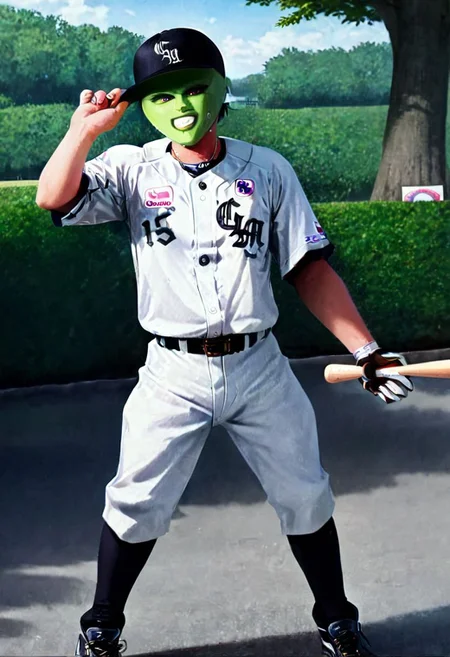 TheMask1024,smooth top of head,boy,solo,hands on hip, <lora:bulge:1.2>,wearing baseball glove,
,exercising in the park,so cute ,so sweet,realistic painting,clm, baseball uniform,