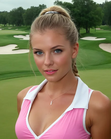 <lora:Ashlynn_Spektre_XL:1> ashlynn_spektre_xl, Upper body photo. On the Golf Course. Wearing wet pink skirt and (wet see-through white polo shirt and Bra:1.1). Perfect eyes, highly detailed beautiful expressive eyes, detailed eyes. Light make up and eye liner. Hair in a French braid. (Cloudy and raining:1.2). (32K resolution, masterpiece, ultra high quality, best quality, ultra high definition, perfect anatomy, Incredibly detailed, RAW, ultra super realistic, photorealistic, cinematic lighting, exquisitely detailed, extremely intricate, 8k UHD, high resolution, vivid colors, dynamic lighting). Vast open view of the golf course. (Manicured grass, sand traps, lake, audience, golf cart, golf clubs, cloudy, raining:1.1).
