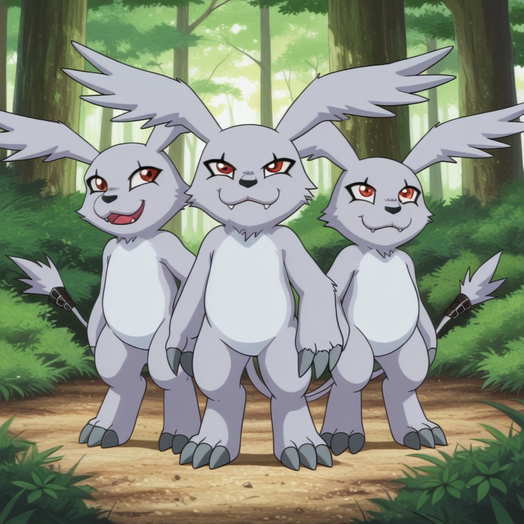 masterpiece, best quality, amazing quality, GazimonDmil, semi-anthro, Gazimon, grey fur, red eyes, long ears, tail, claws, fangs, tail tuft, black tail bands, full body, standing, happy, in forest, group