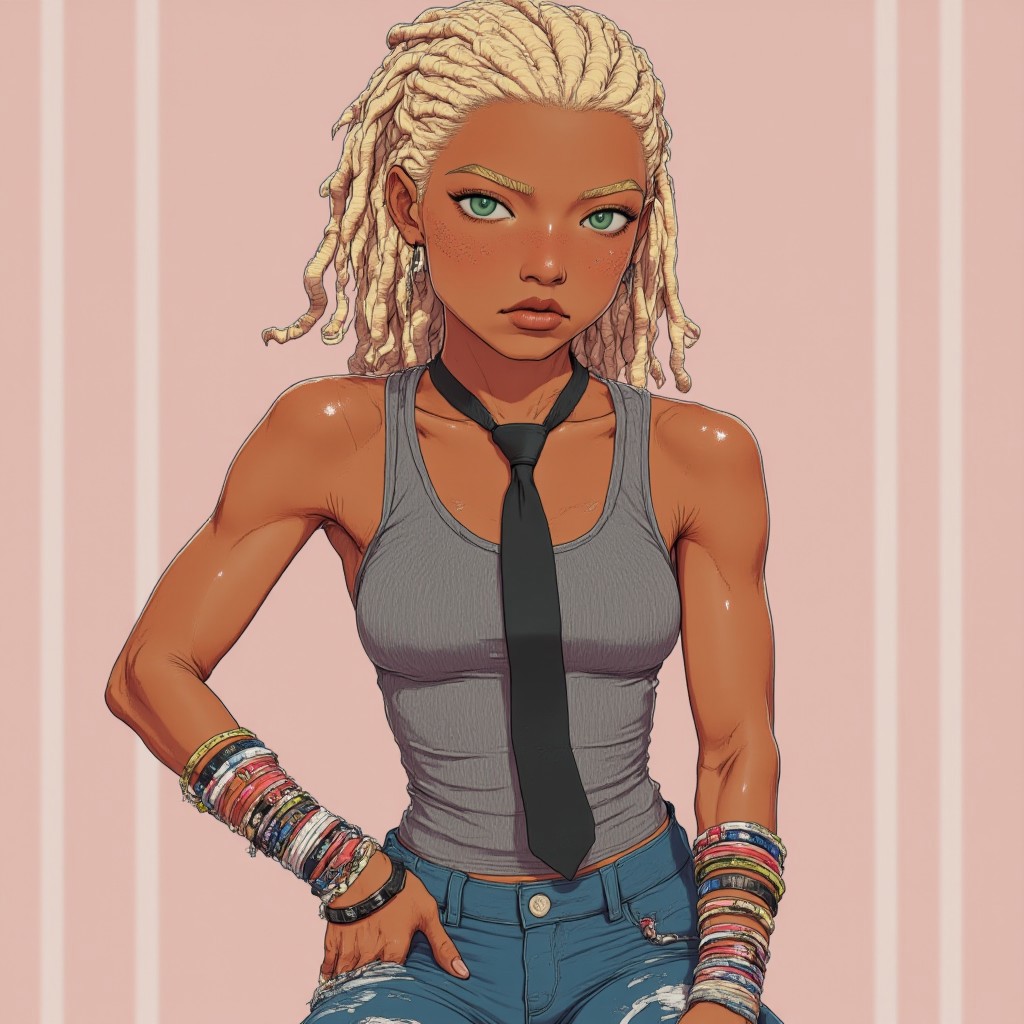 1girl, dreadlocks, blonde hair, dark-skinned female, green eyes, brown lips, grey tank top, black necktie, jeans,multiple bracelets,upper body
